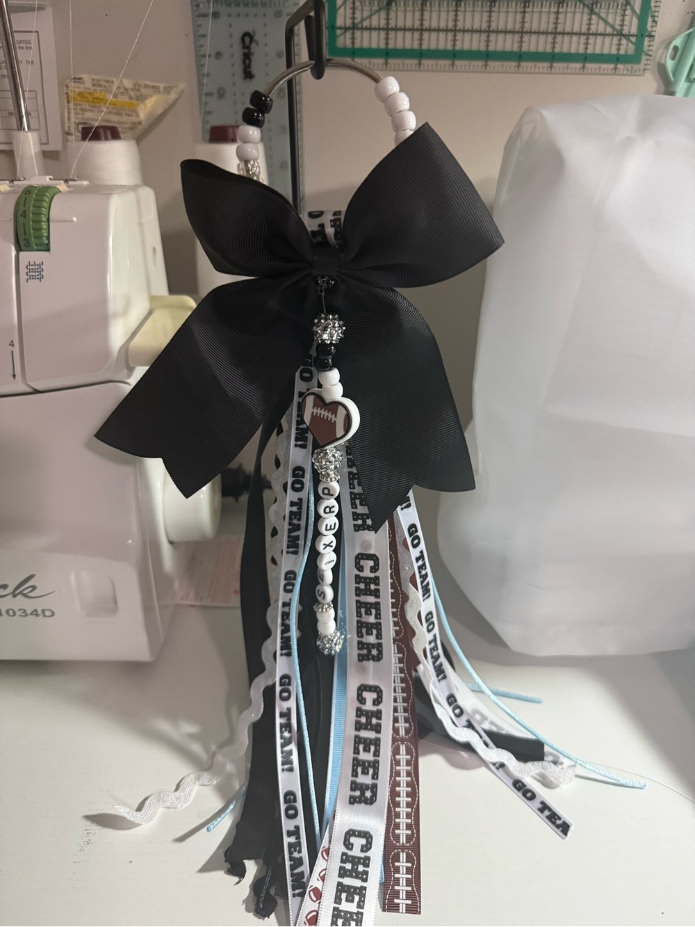 Black Cheer Football Ribbon Bow Accessory with Bead Charm bag charm